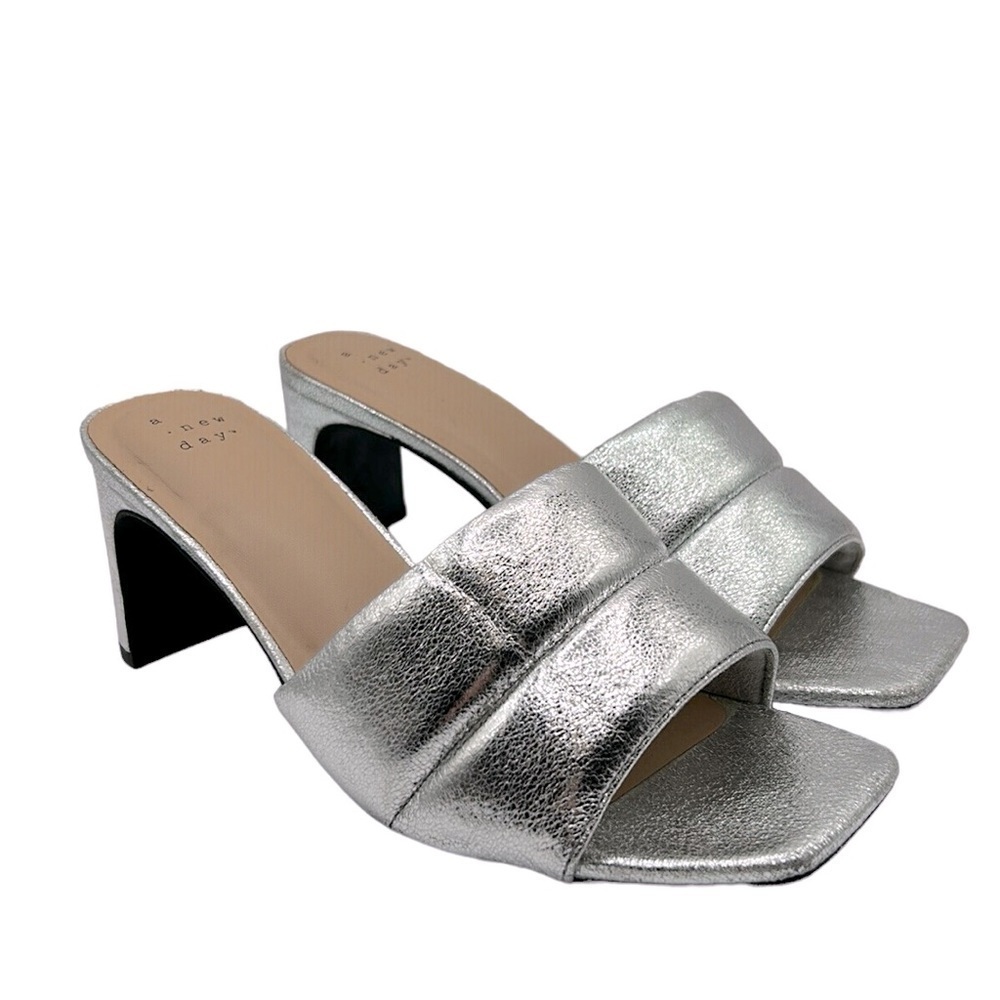 A New Day Silver Metallic Slide on Open Toe Heels Size 8